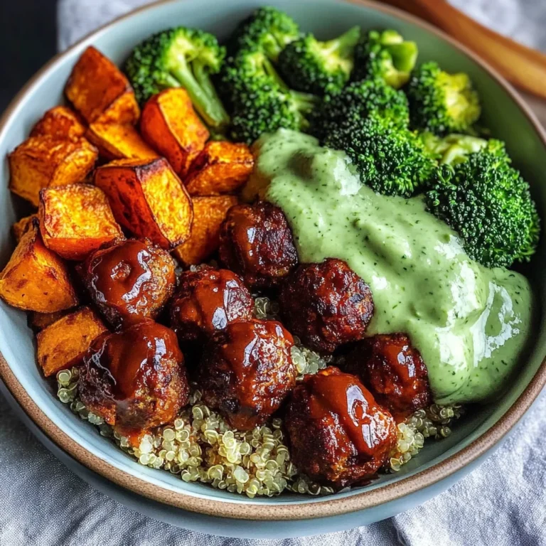 Barbecue Meatball Bowls with Avocado Goddess Sauce