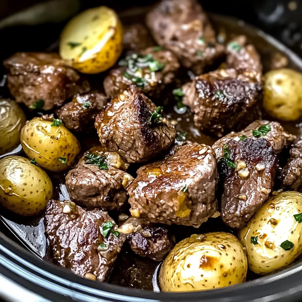 crockpot garlic butter beef bites with potatoes